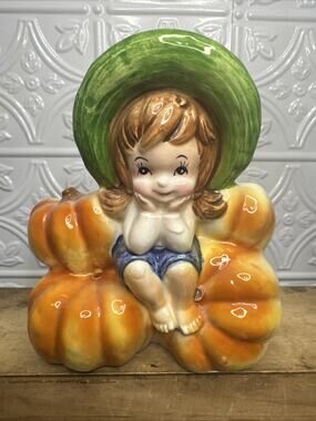 Vintage Relpo Halloween Planter A1991 Barefoot Girl Sitting Pumpkins Rare